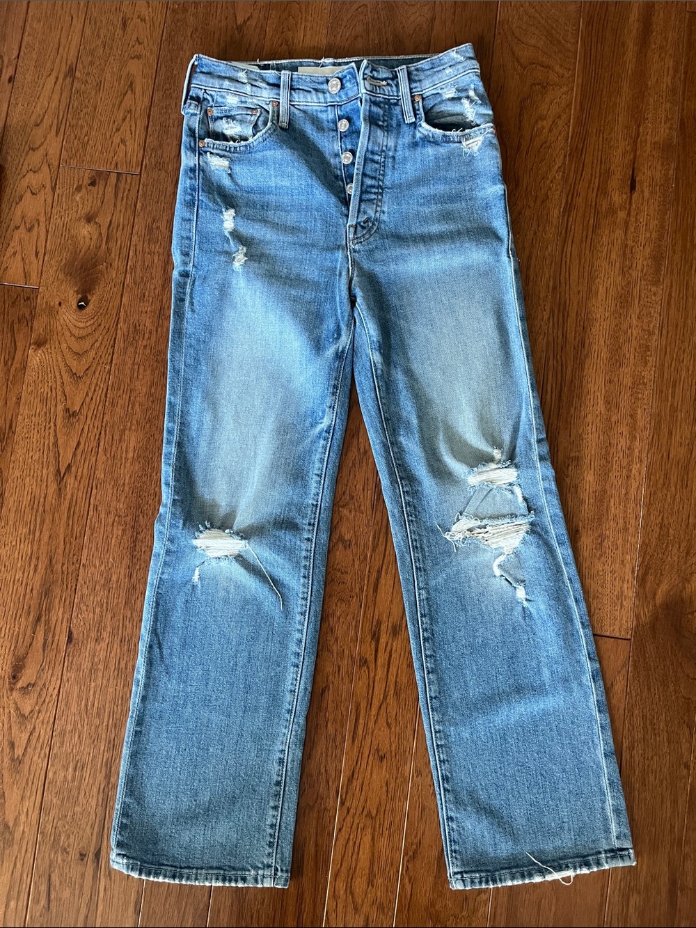 MOTHER Women's Straight Leg Jeans in Light Blue Distressed